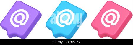 Email address digital symbol button internet chatting cyberspace communication 3d realistic speech bubble purple blue and pink icons. Mail electronic Stock Vector