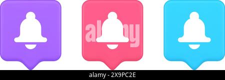 Bell ring audio sound button signal push reminder cyberspace web interface notification 3d realistic speech bubble pink blue and purple icons. Handbel Stock Vector