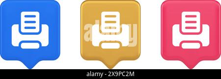 Printer machine device for paper document print button ink printout technology 3d realistic speech bubble blue gold and pink icons. Press text office Stock Vector