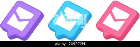 Email letter incoming message closed envelope mobile application button 3d realistic speech bubble purple blue and pink icons. Mail newsletter electro Stock Vector