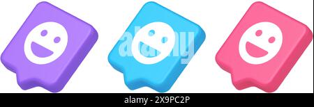 Smiley emoticon comic face emoji button laughing social network reaction happy expression 3d realistic speech bubble purple blue and pink icons. Good Stock Vector