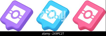 Camera photo video application button multimedia photograph service 3d realistic speech bubble purple blue and pink icons. Electronic optical objectiv Stock Vector