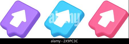 Arrow up button directional pointer cyberspace cursor 3d realistic speech bubble purple blue and pink icons. Upward click web app design control keybo Stock Vector