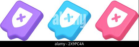 Decline shield button cross mark wrong unsend defense virtual guard 3d realistic speech bubble purple blue and pink icons. Denied cancel element virtu Stock Vector