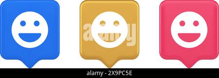 Smiley emoticon comic face emoji button laughing social network reaction happy expression 3d realistic speech bubble blue gold and pink icons. Good mo Stock Vector
