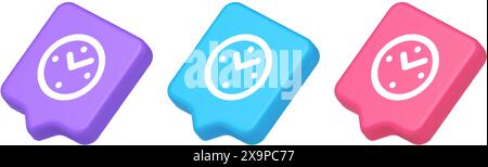 Alarm clock time countdown button deadline measurement 3d realistic speech bubble purple blue and pink icons. Round timer with arrow for hours minute Stock Vector