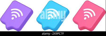 Wi fi internet connection button high speed wireless cyberspace digital network 3d realistic speech bubble purple blue and pink icons. Wifi zone remot Stock Vector