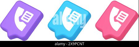 Phone book contact numbers list button search voice communication 3d realistic speech bubble purple blue and pink icons. Telephone organizer service c Stock Vector