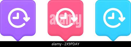 Clock in circle arrow button time countdown deadline chronometer 3d realistic speech bubble pink blue and purple icons. Watch timing counter checking Stock Vector