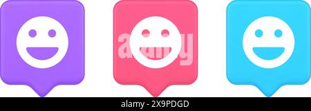 Smiley emoticon comic face emoji button laughing social network reaction happy expression 3d realistic speech bubble pink blue and purple icons. Good Stock Vector