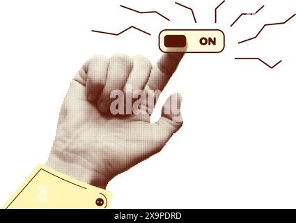Collage halftone elements with pointing hands and doodle buttons. Fingers gesture touch, click, tap. Cut out shapes, . Modern vintage trendy design Stock Vector