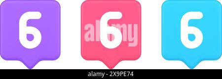 Six blue button number calculator finance counting user interface keyboard panel 3d realistic speech bubble pink blue and purple icons. Sixth numeral Stock Vector