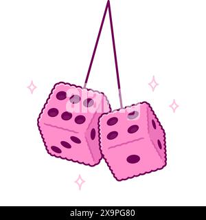 Pink fuzzy dice hanging on car mirror, cute cartoon drawing. Lucky toy amulet. Vector clip art illustration. Stock Vector