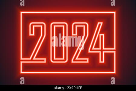 Happy New Year 2024, festive pattern with neon lettering concept on color background for invitation card, Merry Christmas, Happy new Year, greeting ca Stock Vector