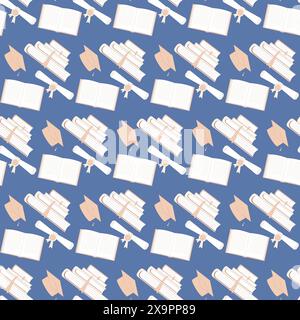 Colorful and scholarly seamless pattern with open and stacked books, evoking reading and learning themes. Education endless background. Vector hand dr Stock Vector