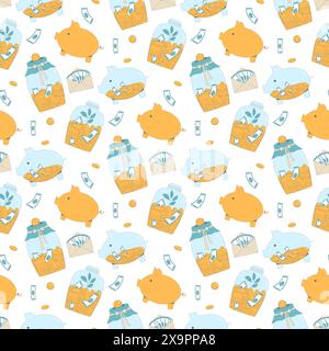 Piggy banks, jar money box and money notes seamless pattern. Budget savings background. Money management motif. Kids finance. Vector outline flat illu Stock Vector