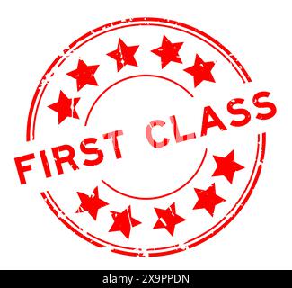 Grunge red first class word with star icon round rubber seal stamp on white background Stock Vector