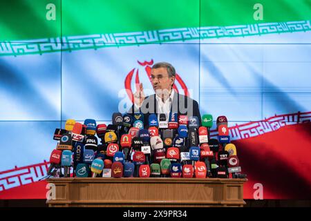 Tehran, Iran. 02nd June, 2024. Former Iranian president Mahmoud Ahmadinejad speaks to the media after registering his name as a candidate for the June 28 presidential election at the Interior Ministry in Tehran, Iran, Sunday, June 2, 2024. (Photo by Sobhan Farajvan/Pacific Press) Credit: Pacific Press Media Production Corp./Alamy Live News Stock Photo