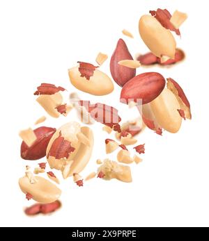 Unpeeled peanuts in air on white background Stock Photo