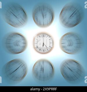 Many clocks on color background, motion blur effect. Time concept Stock Photo