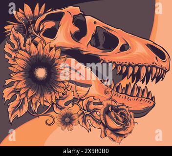 Vector illustration of dinosaur skull with tropical flowers Stock Vector