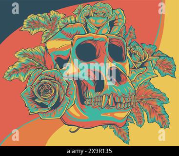vector illustration of monkey skull with roses Stock Vector