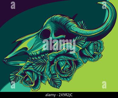 vector illustration of bull skull with roses Stock Vector