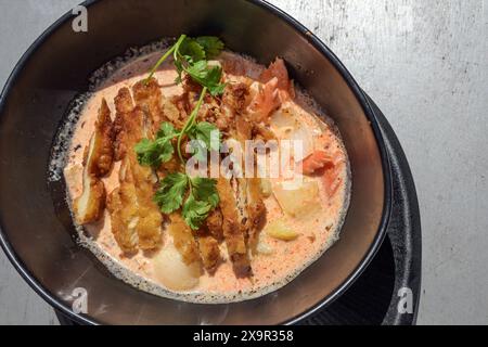 Crispy fried chicken slices on a spicy vegetable curry with coriander garnish in a black bowl, Asian meal, view from above Stock Photo