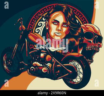 vector illustation of chopper motorcycle with skull and woman head Stock Vector