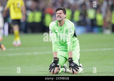 London, UK. 01st June, 2024. Thibaut Courtois of Real Madrid reacts during UEFA Champions League final match between Borussia Dortmund and Real Madrid at Wembley Stadium London, United Kingdom Final score; Borussia Dortmund 0:2 Real Madrid Final score; Borussia Dortmund 0 : 2 Real Madrid. (Photo by Grzegorz Wajda/SOPA Images/Sipa USA) Credit: Sipa USA/Alamy Live News Stock Photo