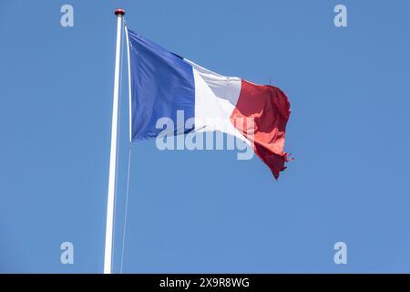 The national flag of France French: drapeau francais is a tricolour featuring three vertical bands coloured blue hoist side, white, and red Copenhagen The French Embassy Denmark Copyright: xKristianxTuxenxLadegaardxBergx 2E6A4360 Stock Photo