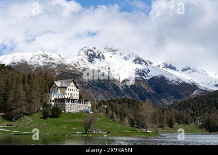 Hotel Waldhaus Am See above Lake St,Moritz, St.Moritz, Switzerland Stock Photo