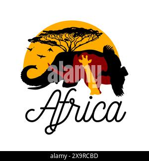 Silhouette of an elephant with sunset, logo. Logo Africa animal silhouettes. Hand drawing. Not AI. Printing on a T-shirt. Vector illustration Stock Vector