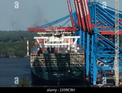 Hamburg, Germany. 13th May, 2024. Container ships are handled at the Terminal Burchardkai (CTB) of Hamburger Hafen und Logistik AG (HHLA). Credit: Christian Charisius/dpa/Alamy Live News Stock Photo