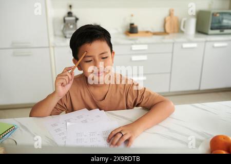Portrait of smiling schoolboy enjoying doing math homework Stock Photo