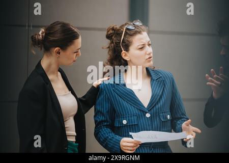 Two businesswomen having a serious conversation outdoors during a business meeting Stock Photo