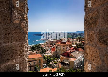 the panorama of Posillipo in Naples seen from the loophole of Castel Sant'Elmo Stock Photo