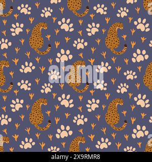 Graceful cheetahs vector seamless pattern and animal tracks for children's clothing, zoo animal tropical playroom decor. Stock Vector