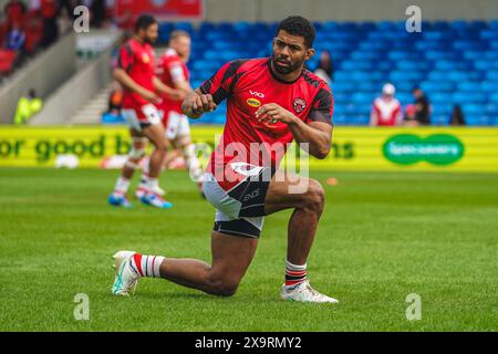 Salford, Manchester, UK. 2nd June, 2024. Super League Rugby: Salford Red Devils Vs London Broncos at Salford Community Stadium. KALLUM WATKINS pre game warming up. Credit James Giblin/Alamy Live News. Stock Photo