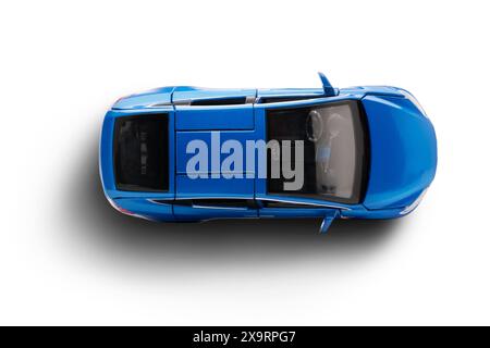 Izmir, Turkey - May 28 2024: Studio shot of a blue Tesla Model X 90D toy car, captured from a perfect top-down perspective on a white background Stock Photo