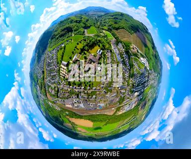 Aerial view, Bergkloster Bestwig, Sisters of St. Mary Magdalene Postel, vocational college, hotel accommodation, globe, fisheye image, 360 degree imag Stock Photo