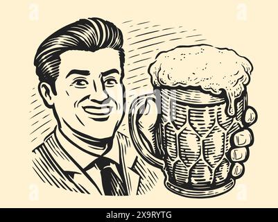 Happy man with glass beer mug. Hand drawn vector illustration in pop art retro style Stock Vector