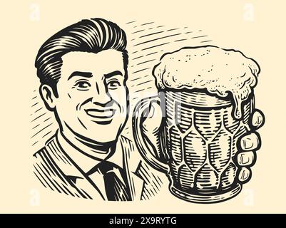 Happy man with glass beer mug. Hand drawn vector retro illustration in pop art style Stock Vector