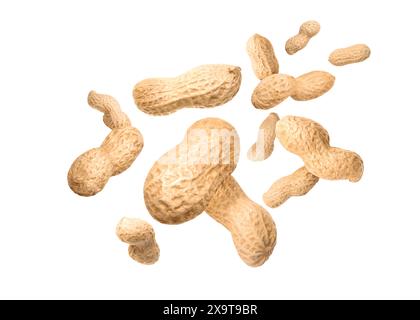 Unpeeled peanuts in air on white background Stock Photo