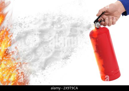 Man using fire extinguisher against flame on white background, closeup Stock Photo