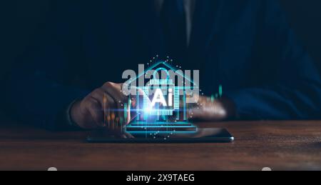 AI finance concept. Business man use AI technology to analyze financial, bank account, money exchange, stock trade, market, investment. Business Stock Photo