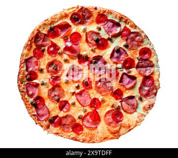 Top view of Classic pepperoni pizza isolated on a white background . Fresh Homemade Italian Pizza Margherita with buffalo mozzarella and basil Stock Photo