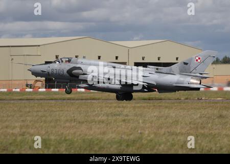 8309, a Sukhoi Su-22M4 'Fitter-K' operated by the Polish Air Force, on departure from RAF Fairford in Gloucestershire, England after participating at the Royal International Air Tattoo 2023 (RIAT23). Stock Photo