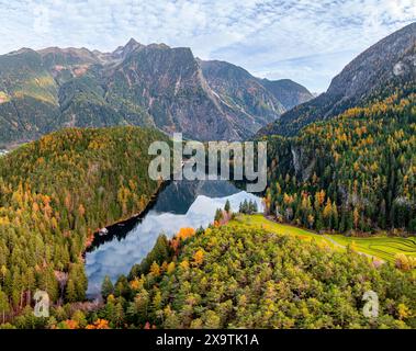 Aerial view, mountain peaks of the Oetztal Alps reflected in Lake ...