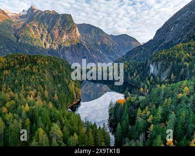 Aerial view, mountain peaks of the Oetztal Alps reflected in Lake ...